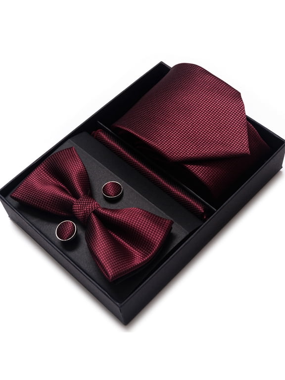 Bow Ties Set for Men Formal Satin Tied Bow and Pocket Square Cufflinks Set Wedding Party