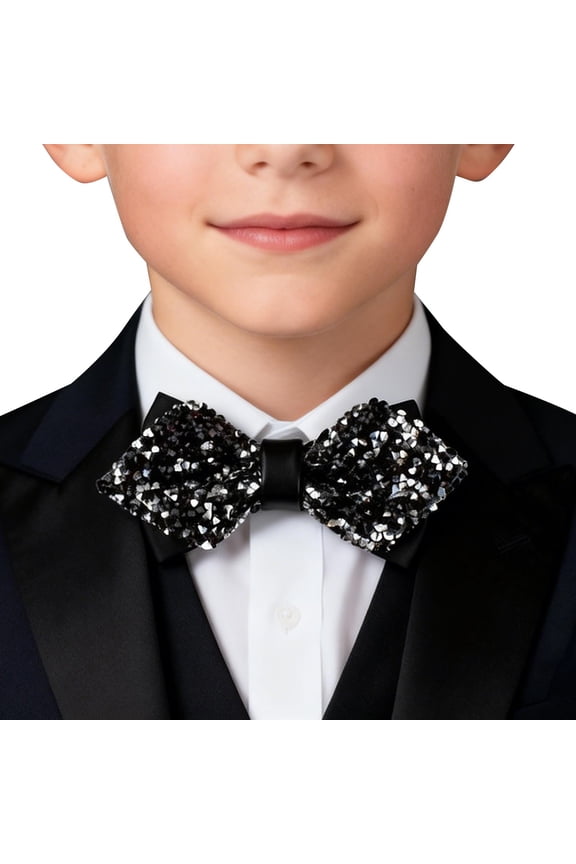 Bow Ties for Men BWASD Adjustable Classic Sequins Solid Pure Color Neck Tie Glitter Necktie Cravat for Performance Accessories Age 5-10 Years Black
