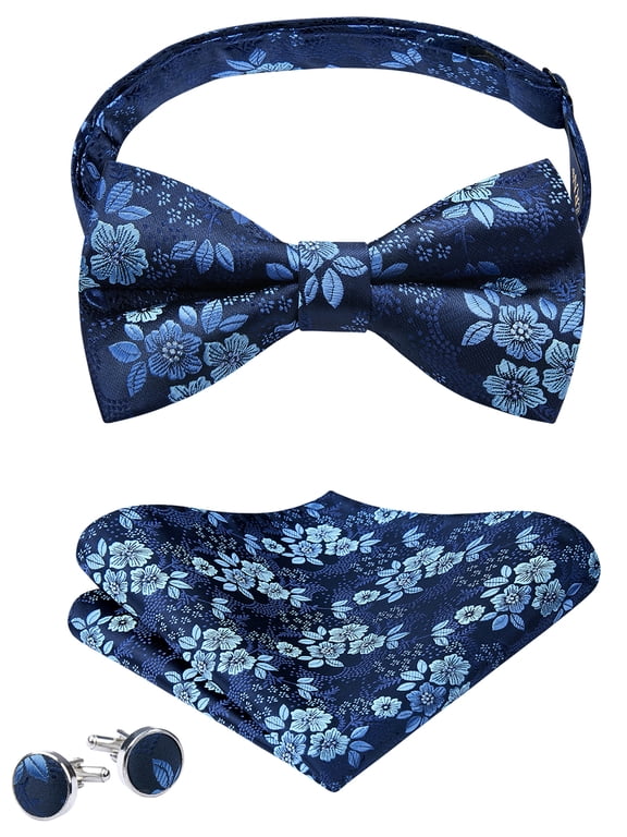 Men Bow Ties Blue Floral Adjustable Men Bowtie Pre-Tied Bow Tie Wedding Handkerchief Cufflinks Sets