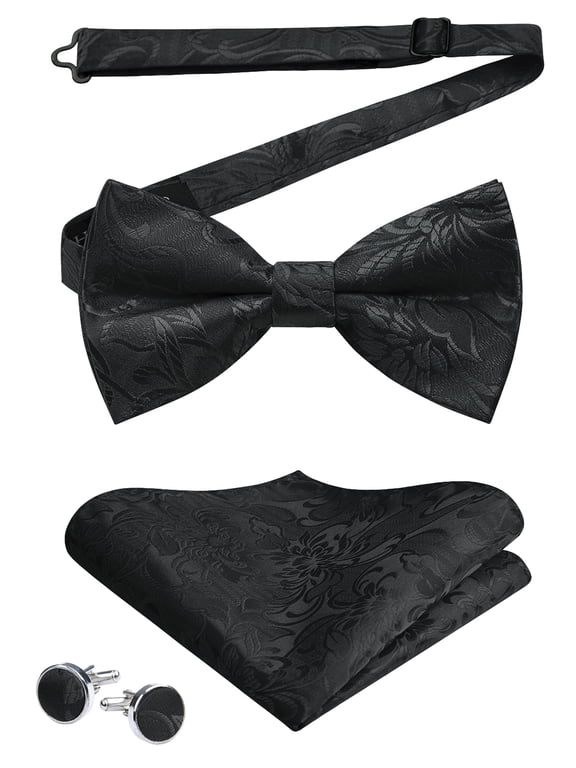 Black Bow Tie for Men Paisley Pretied Bowties Adjustable Tuxedos Bowtie Handkerchief Cufflinks Set