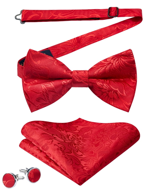 Red Bow Tie Mens Pre-tied Bowties and Pocket Square Cufflinks Bowtie Floral Men Formal Party Wedding