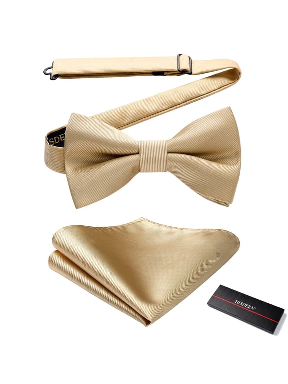 Champagne Bow Ties for Men Solid Color Pre-tied Bowtie Pocket Square Set Formal Wedding Party