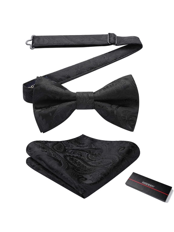 Black Bow Ties for Men Paisley Pre-tied Bowtie Pocket Square Set Formal Wedding Party Bowties