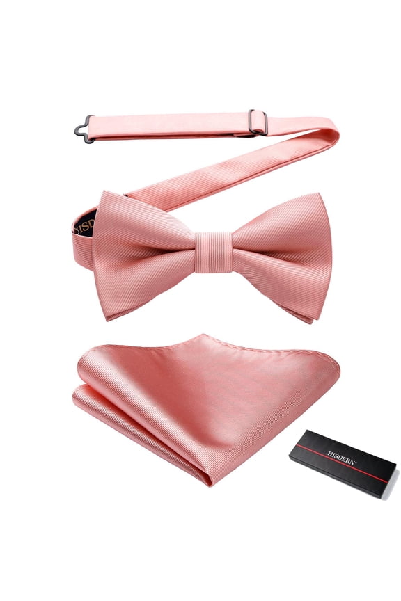 Men Pink Bowties Wedding Bow Ties Wedding Pre-tied Bowtie Pocket Square Set Formal Party