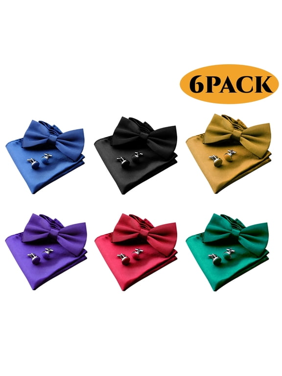 Bow Ties for Men Solid Color Pre-Tied Bowties with Pocket Square and Cufflinks Adjustable Unique Gifts for Men Set of 6