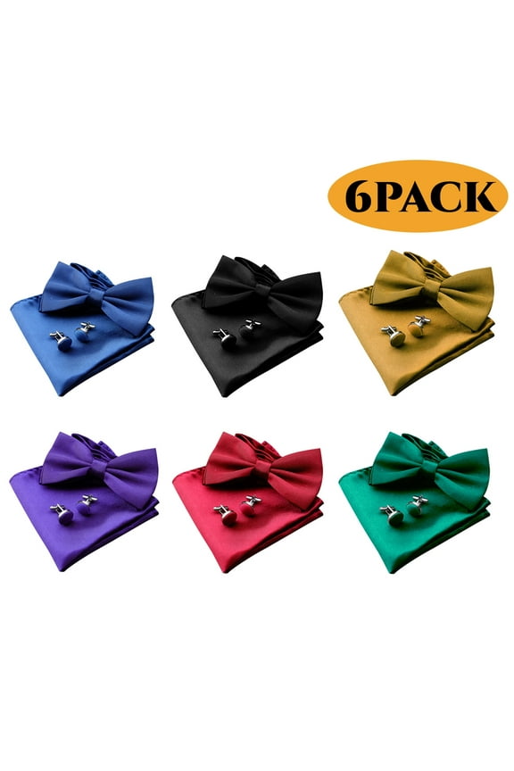 Bow Ties for Men Solid Color Pre-Tied Bowties with Pocket Square and Cufflinks Adjustable Unique Gifts for Men Set of 6