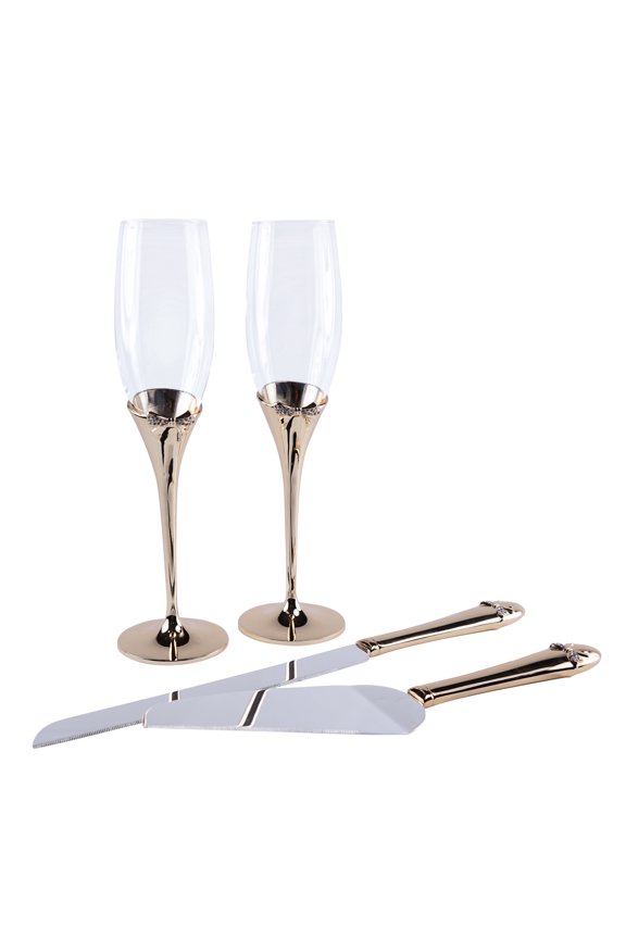 Bow-Tiful Collection Toasting Flutes & Cake Serving Set in Gold