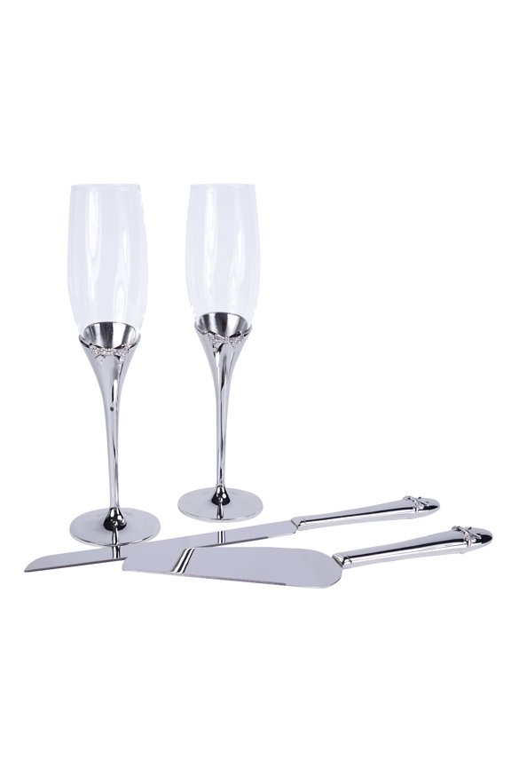 Bow-Tiful Collection Toasting Flutes & Cake Serving Set in Silver