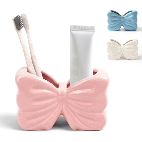 Bow Toothbrush Holder，Ceramic 2-Slot Toothbrush and Toothpaste Holder Cute Toothbrush Holder Set, Bathroom Counter Organizer for Bathroom，Electric Toothbrushes- Pink