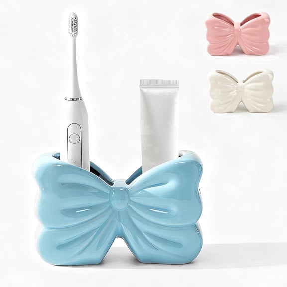 Bow Toothbrush Holder，Ceramic 2-Slot Toothbrush and Toothpaste Holder Cute Toothbrush Holder Set, Bathroom Counter Organizer for Bathroom，Electric Toothbrushes- Blue