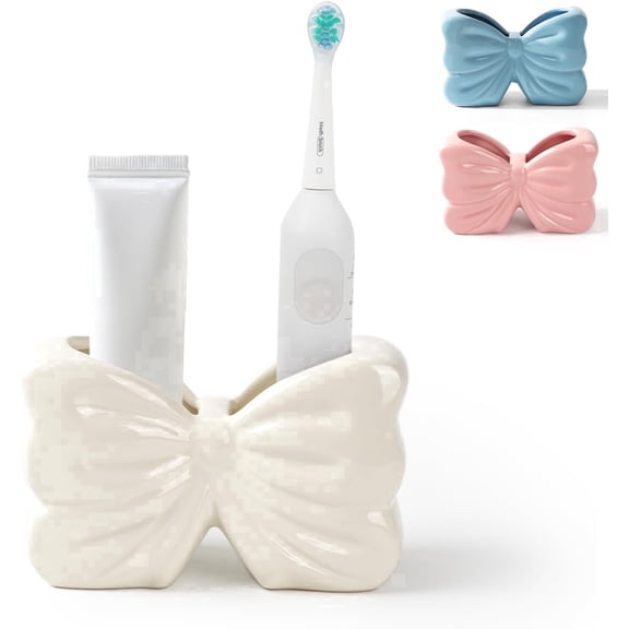 Bow Ceramic Toothbrush Holder, 2-Slot Cute Toothbrush and Toothpaste Storage, Bathroom Counter Organizer, Multi-Purpose Stand for Electric Toothbrush, Floss and Razor, White