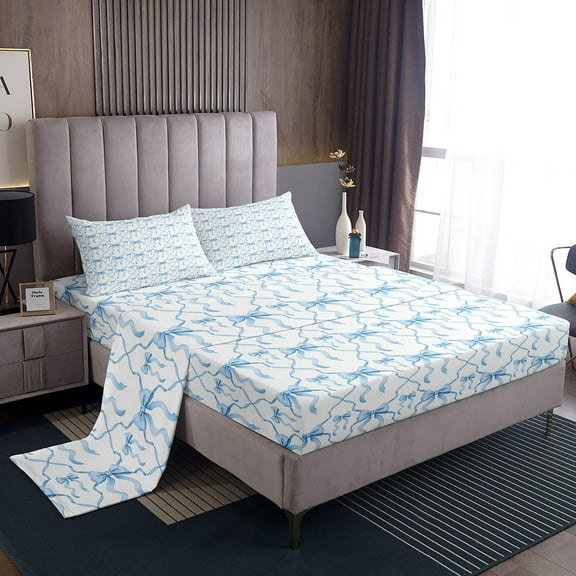 Bow Twin Bedding Sets,Blue Watercolor Bowknot Bed Sheets Geometric Check Cute Bow Sheet Set,Blue White Bow 1 Fitted Sheet 1 Flat Sheet 1 Pillow Case