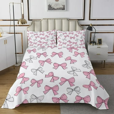 Bow Twin Quilt Set Kawaii Bowknot Decor Bedspread Set Princess Bow Knot Coverlet SetPink And White Room Decor Bed Set Teens