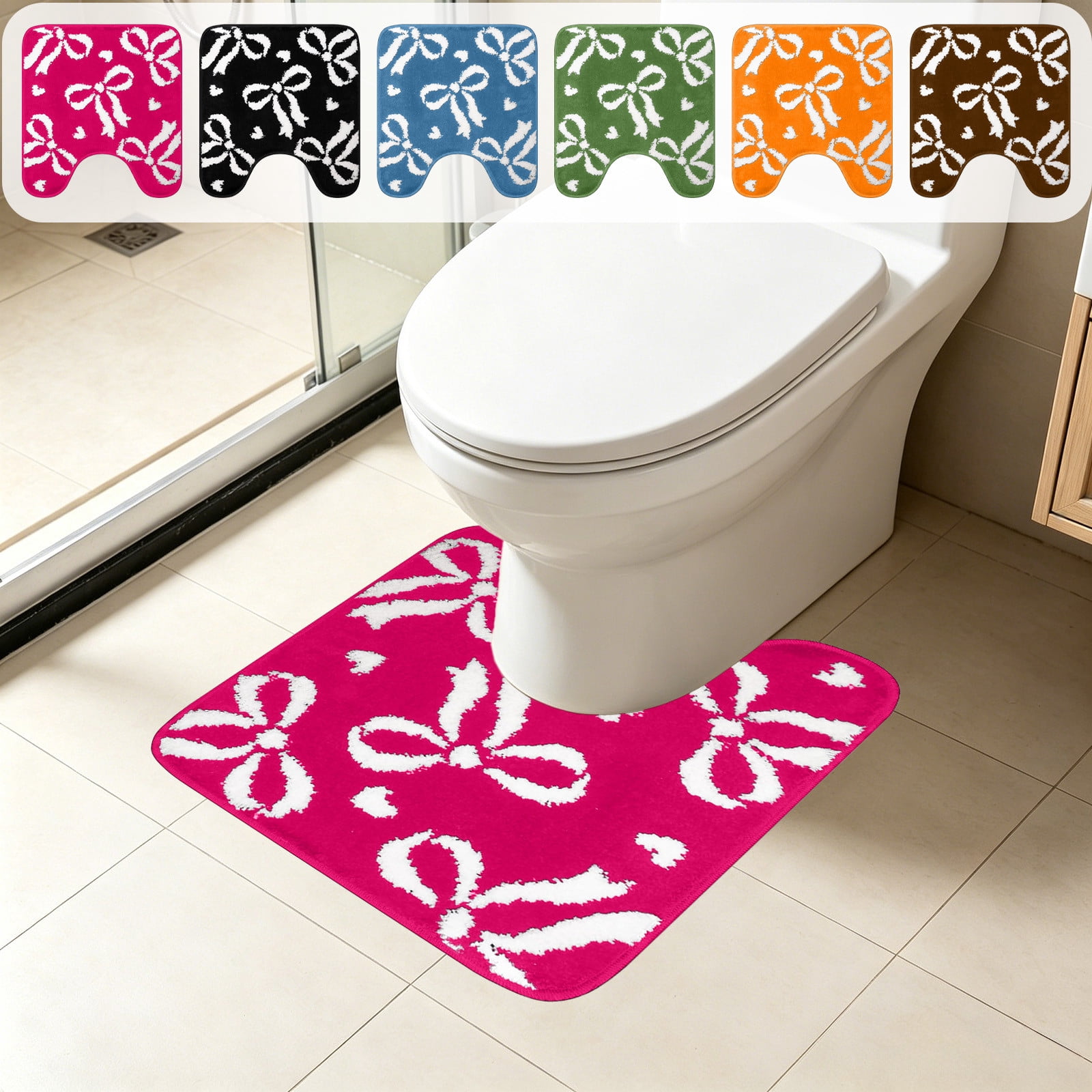 Bow U-Shaped Toilet Rug, Absorbent Rubber-Backed Quick-Dry Contoured ...