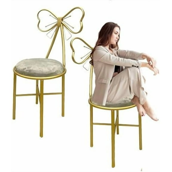 Bow Vanity Chair Set of 2, Makeup Bedroom Wrought Iron Dressing Stool with Bow Knot Backrest Princess Chair with Golden Metal Leg,Velvet Cushion for Girl Daughter Room, Velvet Grey