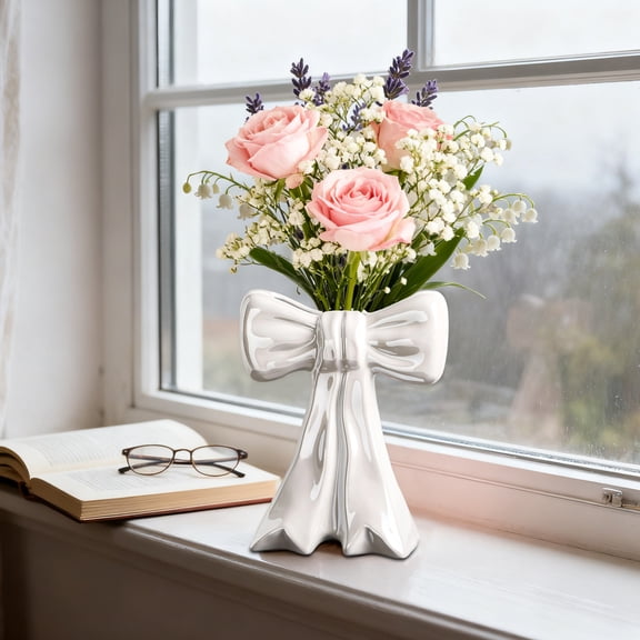 Bow Vase,Bow Flower Vase,Pink Vase Ceramic Cute Decorative Flower Tulip Farmhouse Dazzling Modern Home Decor Pampas Grass for Table Bathroom Shelf，Ceramic Vases(White)