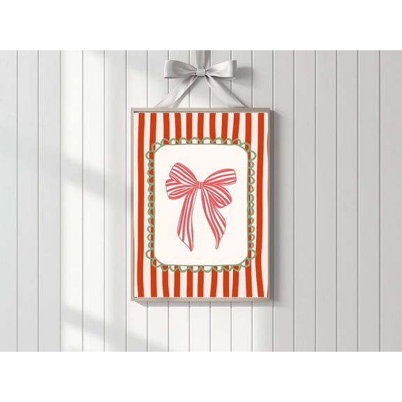 Bow Wall Art, Red Stripeposter, Candy Cane Ribbon Decor,, Unframed Poster Size 8x12