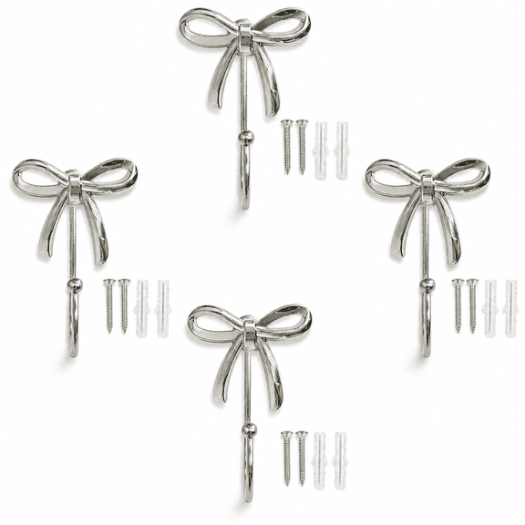 Bow Wall Hook 4 pcs Decorative Wall Hooks for Bathroom Living Room Kitchen (B-Silver)