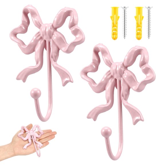 Atopoler 2Pcs Bow Wall Hook,Easy Install Iron Functional Hook with Screw,French Retro Sweet Style Room Decor Bathroom Bedroom Nursery,Pink Color