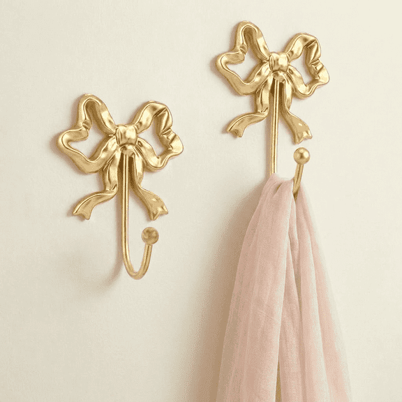 Lzvxtym 2 Pcs Decorative Bow Wall Hook,Cast Iron French Retro Large Hook with Screw,Coquette Home Decor for Bathroom Bedroom Nursery,Gold Color
