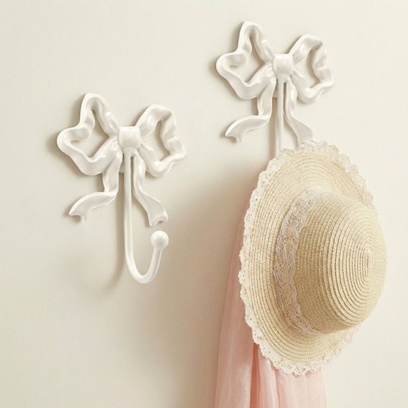 Atopoler 2Pcs Bow Wall Hook,Easy Install Iron Functional Hook with Screw,French Retro Sweet Style Room Decor Bathroom Bedroom Nursery,White Color