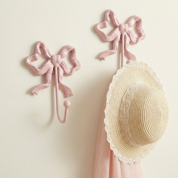 Atopoler 2Pcs Bow Wall Hook,Easy Install Iron Functional Hook with Screw,French Retro Sweet Style Room Decor Bathroom Bedroom Nursery,Pink Color