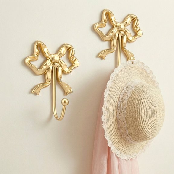 Atopoler 2Pcs Bow Wall Hook,Easy Install Iron Functional Hook with Screw,French Retro Sweet Style Room Decor Bathroom Bedroom Nursery,Gold Color