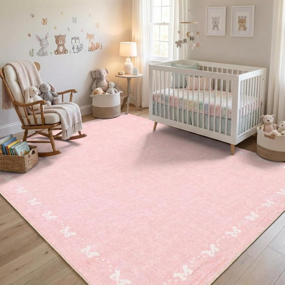 Bow Washable 5x7 Area Rugs for Living Room Non Slip Pink Girls Nursery Rug Farmhouse Soft Bedroom Rugs Low Pile Thin Foldable Stain Resistant Carpet for Girls Room Nursery Playroom, Pink