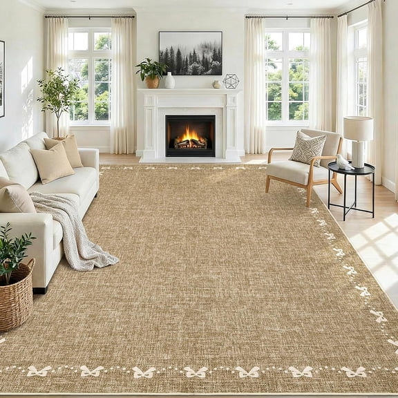 Bow Washable 8x10 Area Rug for Living Room Non Slip Soft Bedroom Rugs Solid Light Brown Bordered Rug Low Pile Stain Resistant Carpet for Nursery Dining Room Playroom Classroom, Light Brown