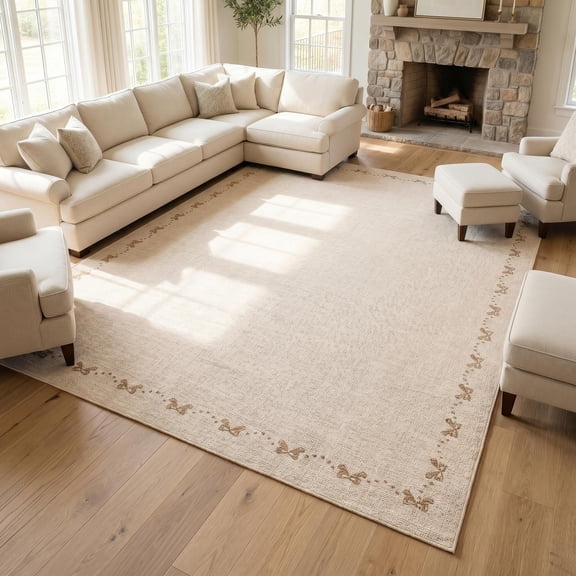 Bow Washable Rug 8x10 Area Rugs for Living Room Bedroom Soft Non Slip Low Pile Foldable Mat Modern Bowknot Bordered Indoor Carpet Non-Shedding Floor Cover for Nursery Girls Room Dorm Beige