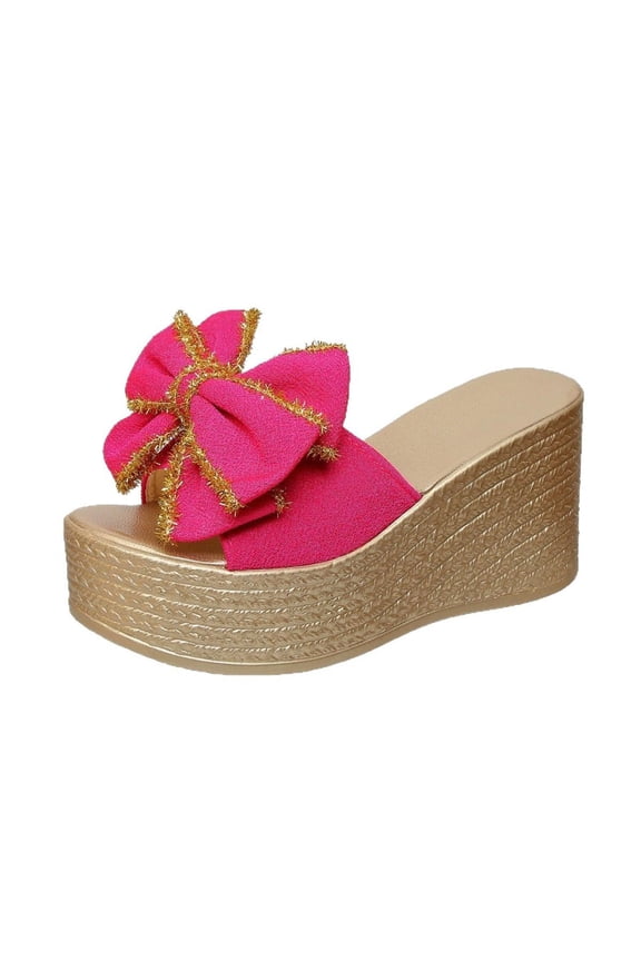 Bow Wedge Sandals for Women Platform Sandals Slides Open Toe Slip On Casual Summer Mules High Heels Women's Fashion Casual Spring And Summer Solid Color Bowknot Round Toe Bottom Wedge Heel Slippers