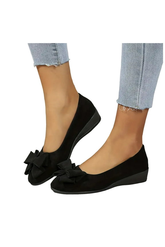 Bow Wedges Dress Shoes for Women Ladies 2025 Bowknot Suede Pointed Toe Business Office Formal Fall Low Heels