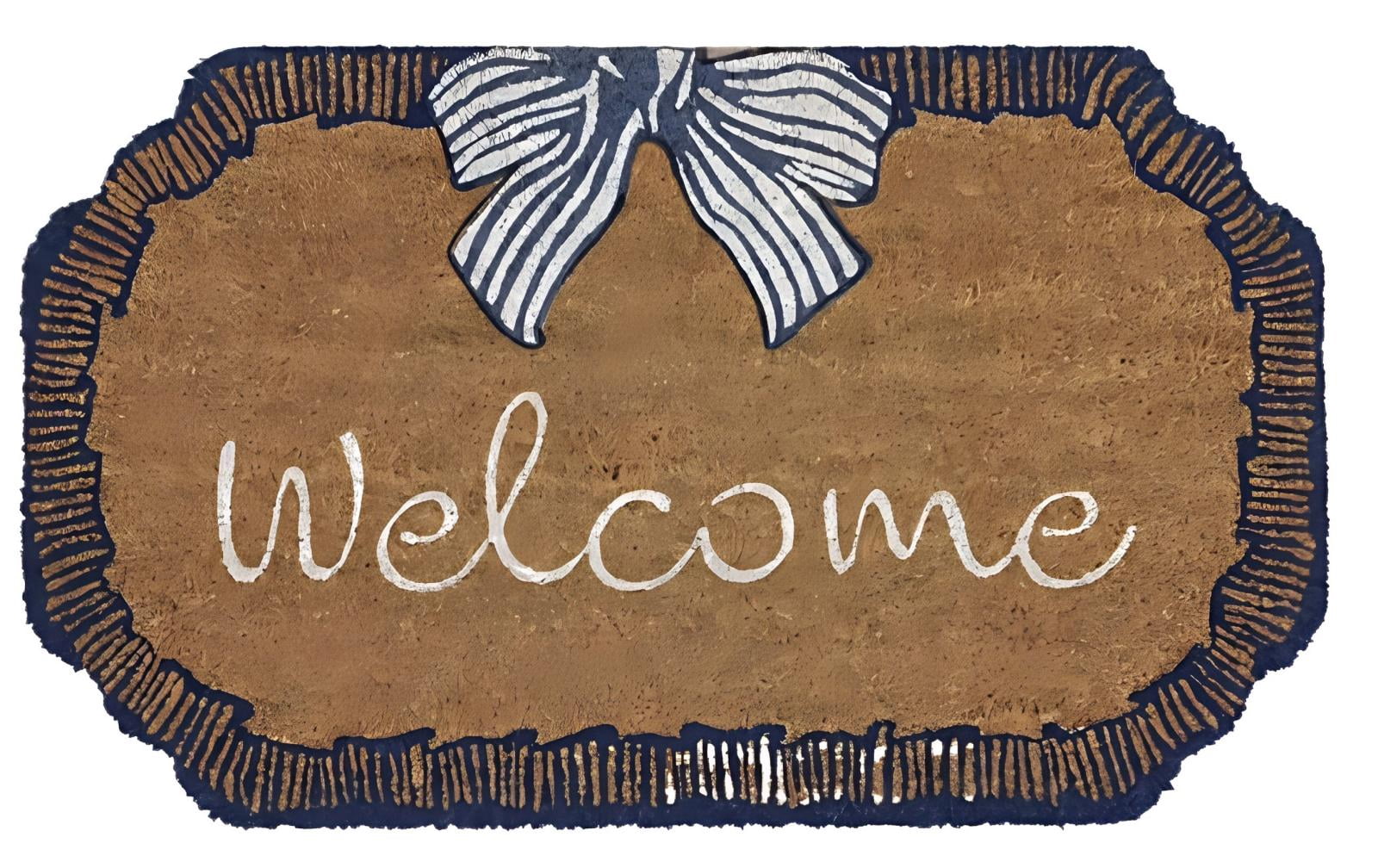 Bow Welcome Coir Outdoor Doormat, Blue and White Non-Slip Entrance Door Rug for Indoor Outdoor Home Bathroom Decor