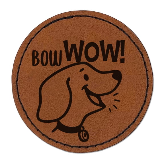 Bow Wow Impressed Puppy Dog Compliment Round Iron-On Engraved Faux Leather Patch Applique - 2.5 Inch - Brown