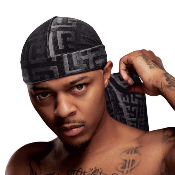 Red by Kiss Bow Wow X Power Wave Premium Pattern Velvet Durag, Soft & Stretchy, Ultimate Compression, Secure Fit & Breathable (Black Greek Key)