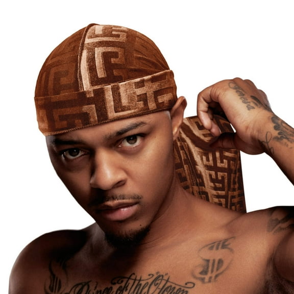 Red by Kiss Bow Wow X Power Wave Premium Pattern Velvet Durag, Soft & Stretchy, Ultimate Compression, Secure Fit & Breathable (Brown Greek Key)