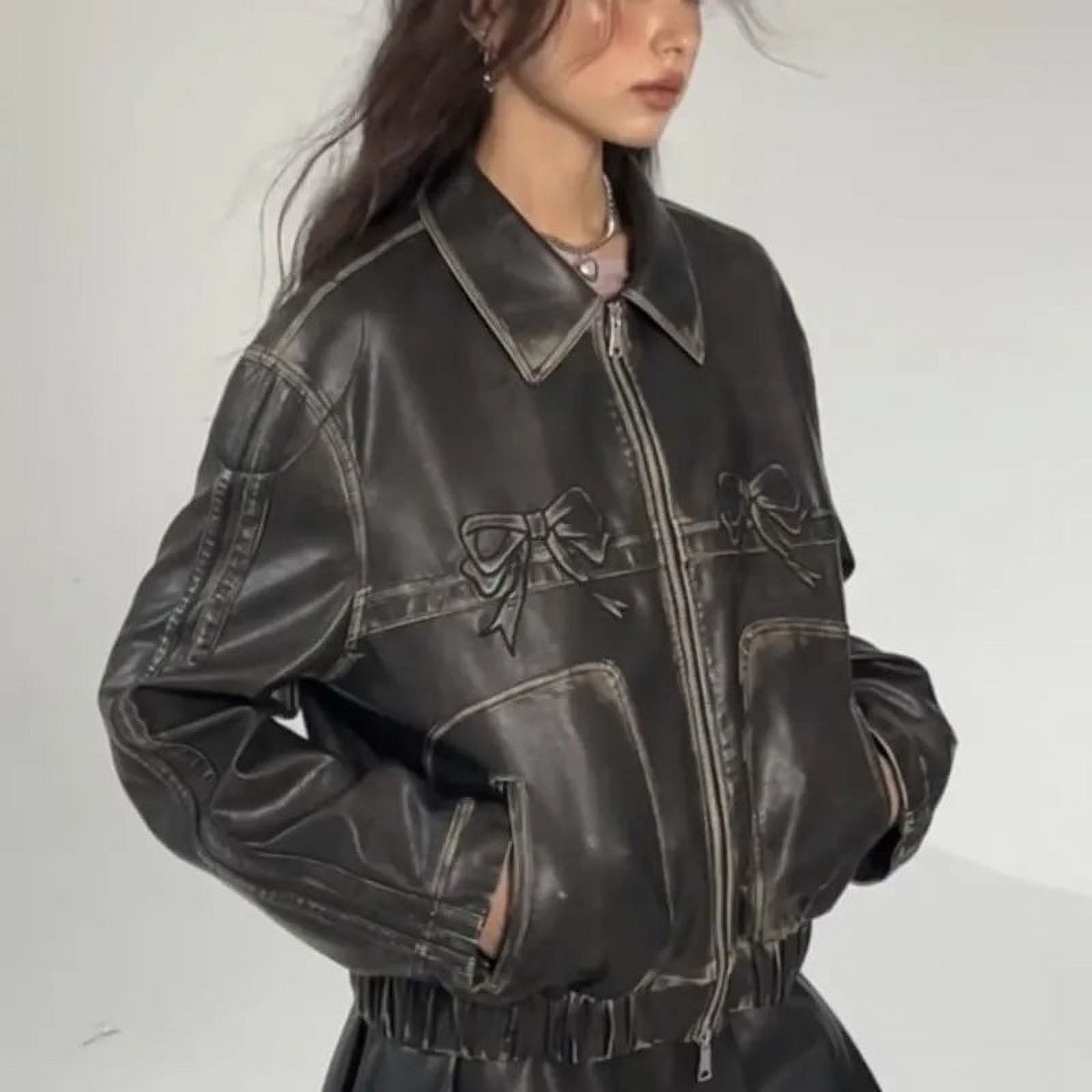 Bow Y2k Motorcycle PU Leather Jacket Female Autumn Fashion Bow Y2k Motorcycle PU Leather Jacket Female Autumn Fashion