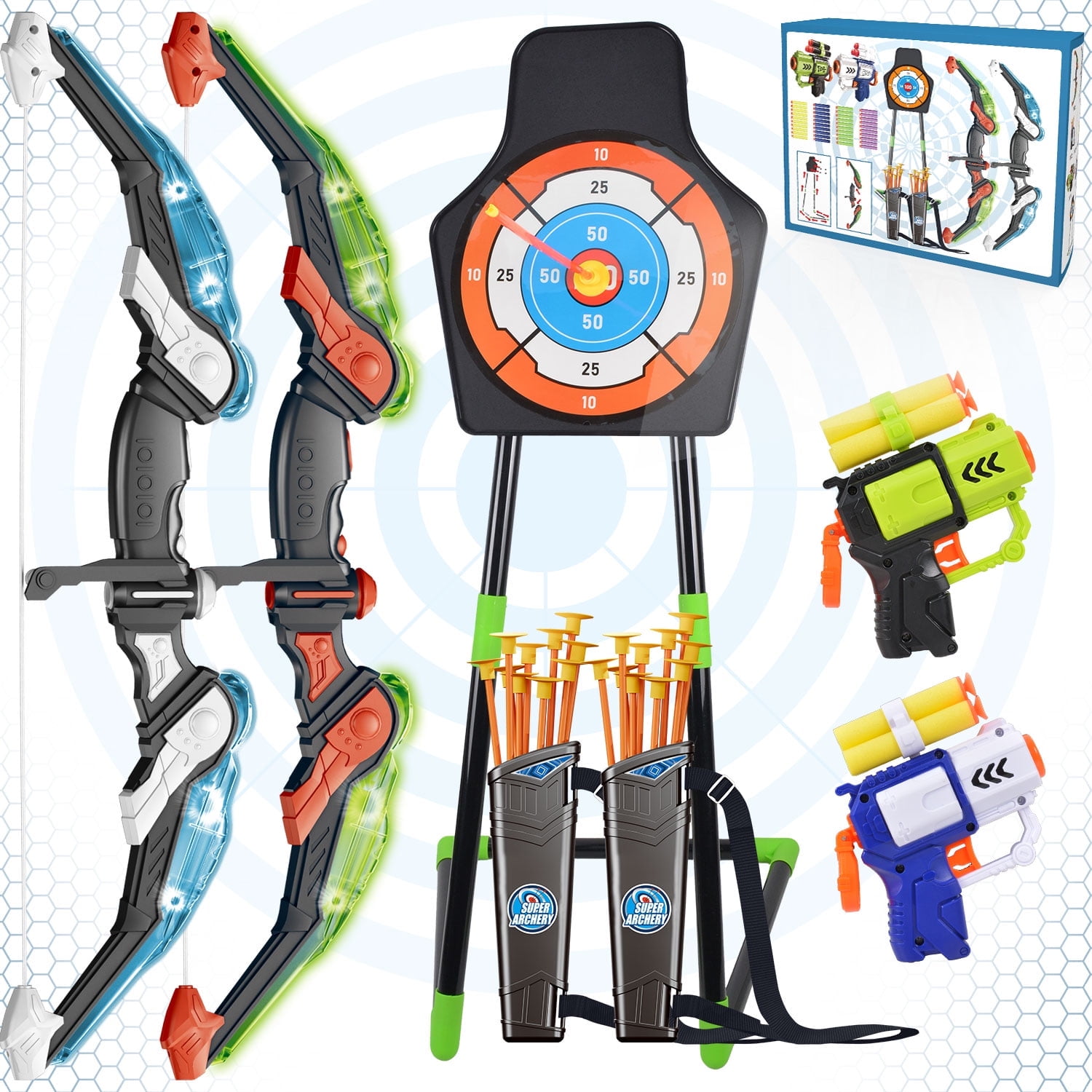 Bow and Arrow Set, LED Light Up with 20 Suction Cup Arrows Target & Quiver Archery Set with Standing Target for Boys & Girl