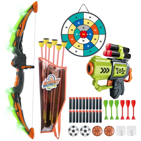 Bow and Arrow Set for Kids - 5 in 1 LED Archery Toy with Shooting Games/ Throwing Game/ Darts Game, Indoor and Outdoor Toy for 3-8 Boys