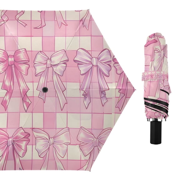 Bow and Plaid Compact Sun Umbrella Windproof Travel Umbrellas for Rain Strong Portable UV Protection