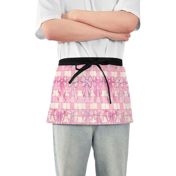 Bow and Plaid Server Apron with 3 Pockets Waterproof Waitress Waist Short Apron for Man Woman 12 Inches