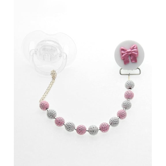 Crystal Dream Bow Acrylic Beads Toddler Pacifier Clip, Pink
