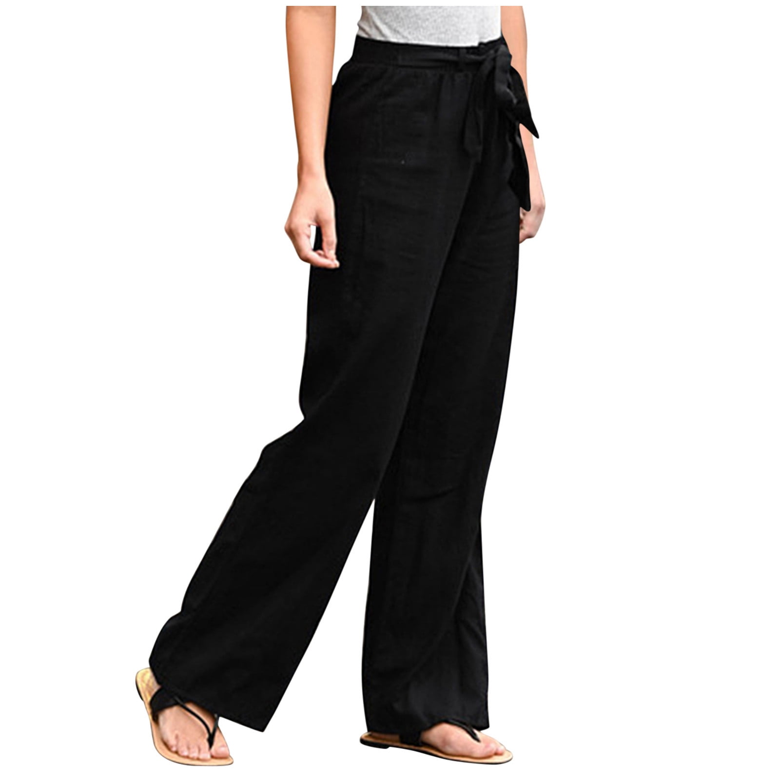 Bowake White Linen Pants For Women Tightness Trousers Pocket Casual 