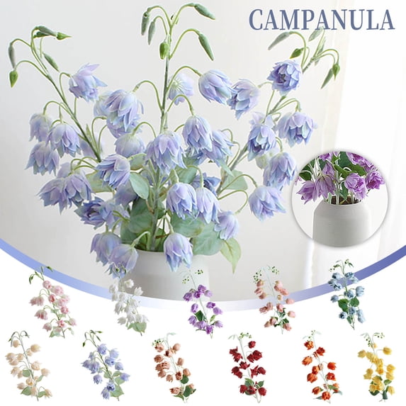 Bowayaoa Artificial Campanula Flower Stem with Flower Heads, Realistic Silk Bell Flower Bouquet, Long Stem Fake Floral Decor with Eucalyptus Leaves for Home Wedding Party Indoor Decoration
