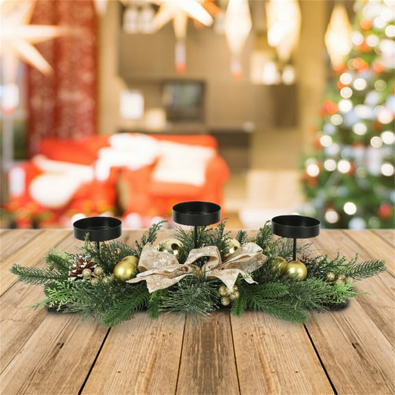 Bowayaoa Christmas Tables Centerpieces Xmas Tabletop Decorations with 3 Candle Holder & Red Bow Berry Pine Cone, Metal Base Xmas Dining Table Centerpieces Christmas Decorations for Home Indoor Decor