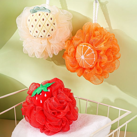 Bowayaoa Cute Fruit Shaped Bath Sponge, Polyester Soft Foaming Body Scrubber with Hanging Loop, Quick Drying Exfoliating Bath Ball for Shower Bathroom Daily Use Holiday Gift