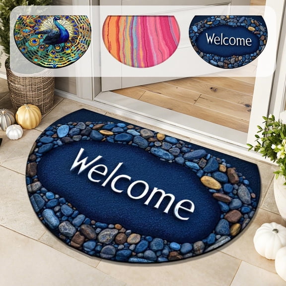 Door Mat 24x16 inch Half Circle Non Slip Washable Doormats Entrance Rugs Absorbent Welcome Low Profile Floor Mats for Front Back Door and Entryway