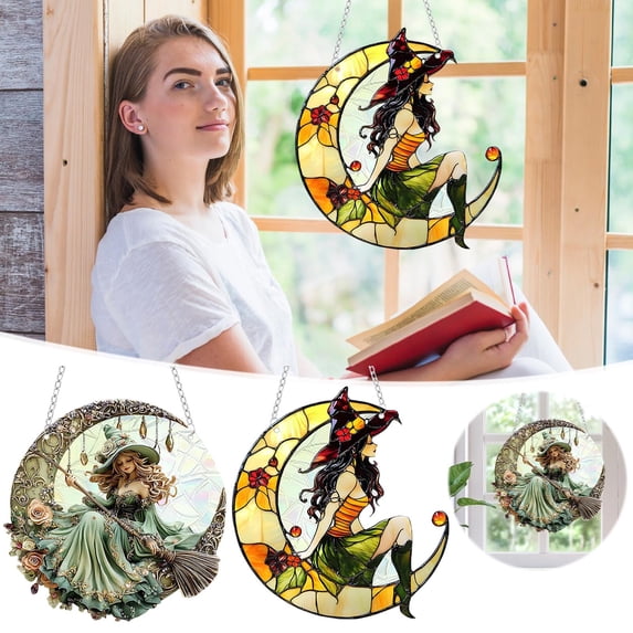 Bowayaoa Halloween Crescent Moon Witch Light Catcher, Acrylic Glittering Hanging Decor, Spooky Light Reflecting Ornament for Home, Party & Window Decoration