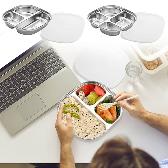 Bowayaoa Pack Stainless Steel Divided Plate, Plate with Compartment, Portion Control Serving Platter, Mess Food Sectioned Tray for Dinner, Lunch, Cafeteria, Adult