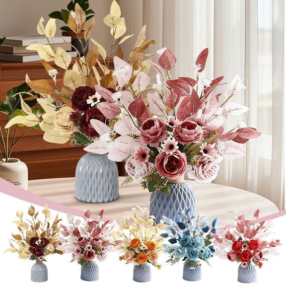 Peonies Artificial Flowers with Vase Faux Flowers Peony Fake Flowers Silk Flower Arrangements in Vase with Faux Water for Home Decor Bathroom Table Centerpiece Shelf Decorations